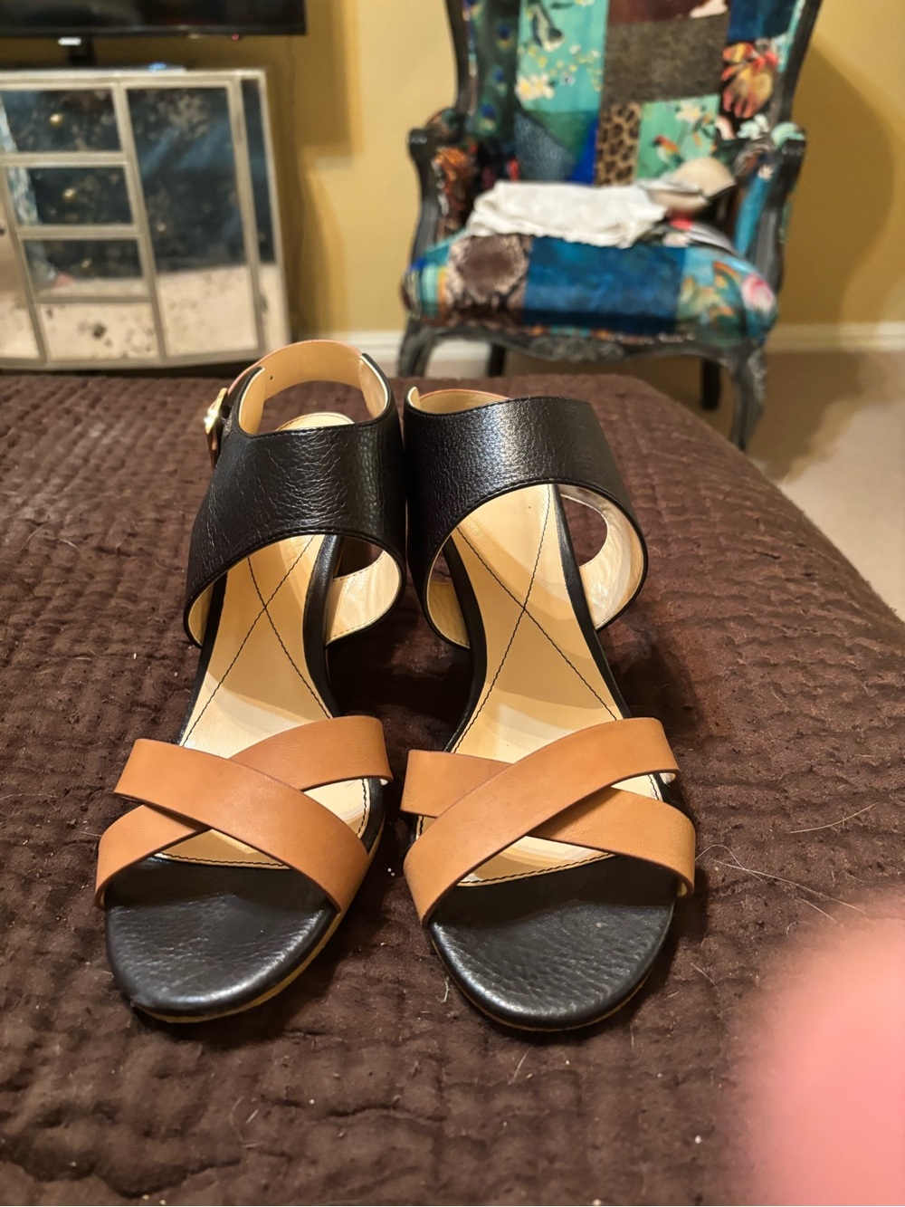 Isola Two-Tone Black and Tan Open-Toe Heels
